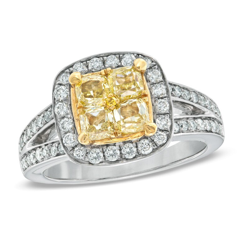 Main Image 1 of 1-7/8 CT. T.W. Yellow and White Quad Diamond Frame Split Shank Engagement Ring in 14K White Gold