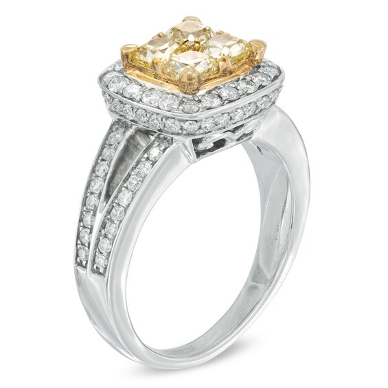 1-7/8 CT. T.w. Yellow and White Quad Diamond Frame Split Shank Engagement Ring in 14K White Gold