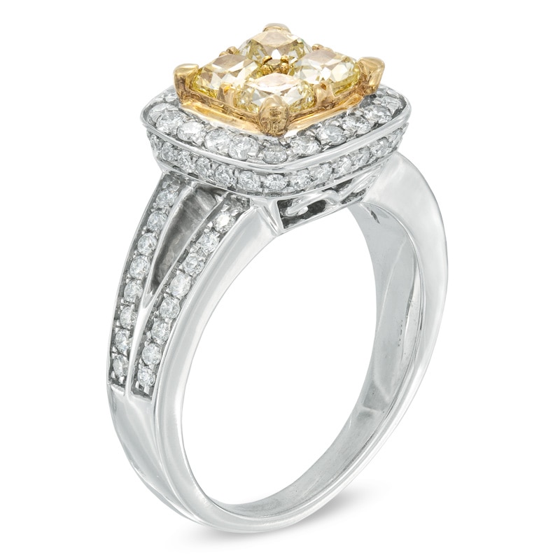 Main Image 2 of 1-7/8 CT. T.W. Yellow and White Quad Diamond Frame Split Shank Engagement Ring in 14K White Gold