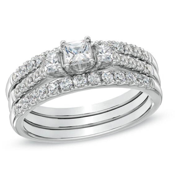 1 CT. T.w. Princess-Cut Diamond Three Stone Bridal Set in 14K White Gold