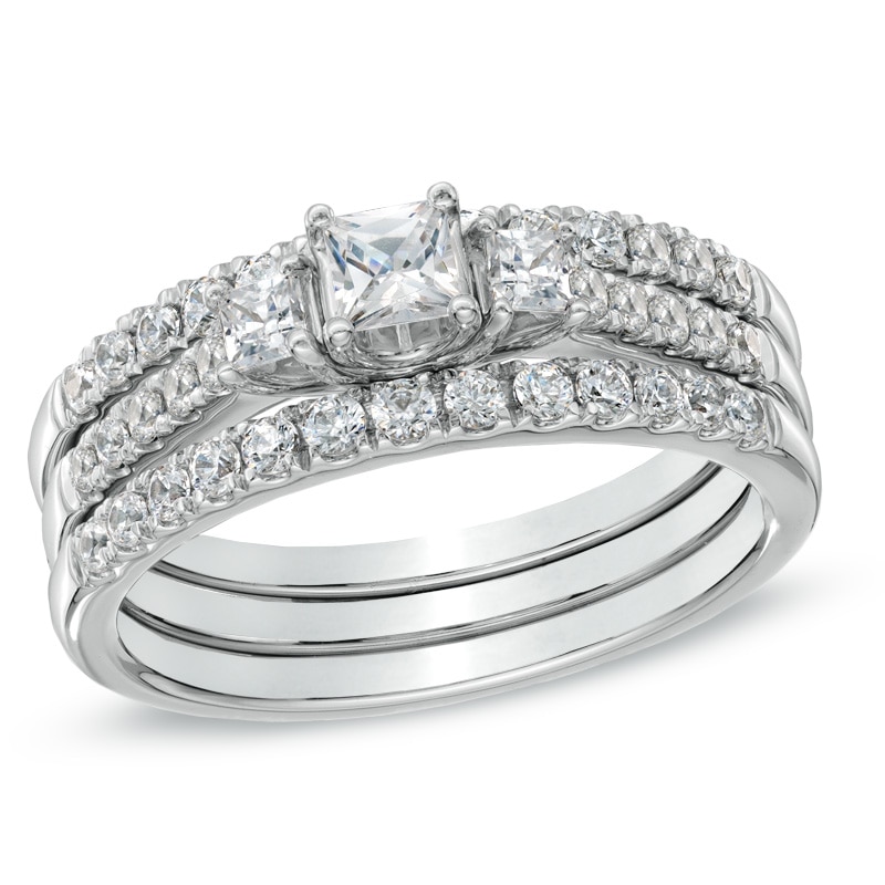 Main Image 1 of 1 CT. T.W. Princess-Cut Diamond Three Stone Bridal Set in 14K White Gold