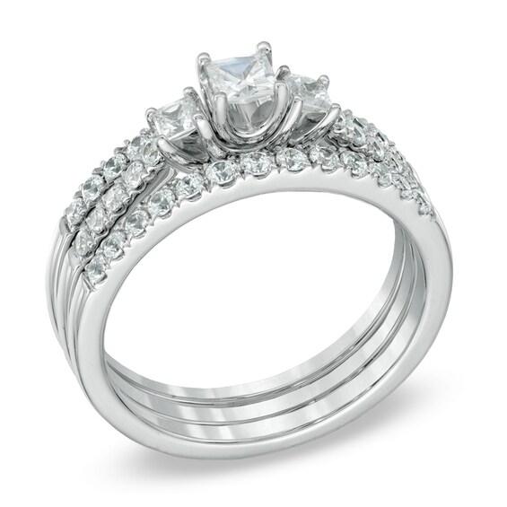 1 CT. T.w. Princess-Cut Diamond Three Stone Bridal Set in 14K White Gold