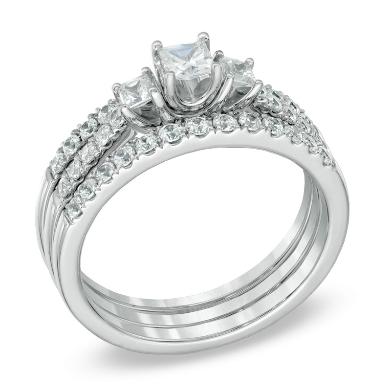 Main Image 2 of 1 CT. T.W. Princess-Cut Diamond Three Stone Bridal Set in 14K White Gold