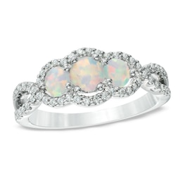 Lab-Created Opal and 1/4 CT. T.W. Past Present Future® Engagement Ring in 10K White Gold