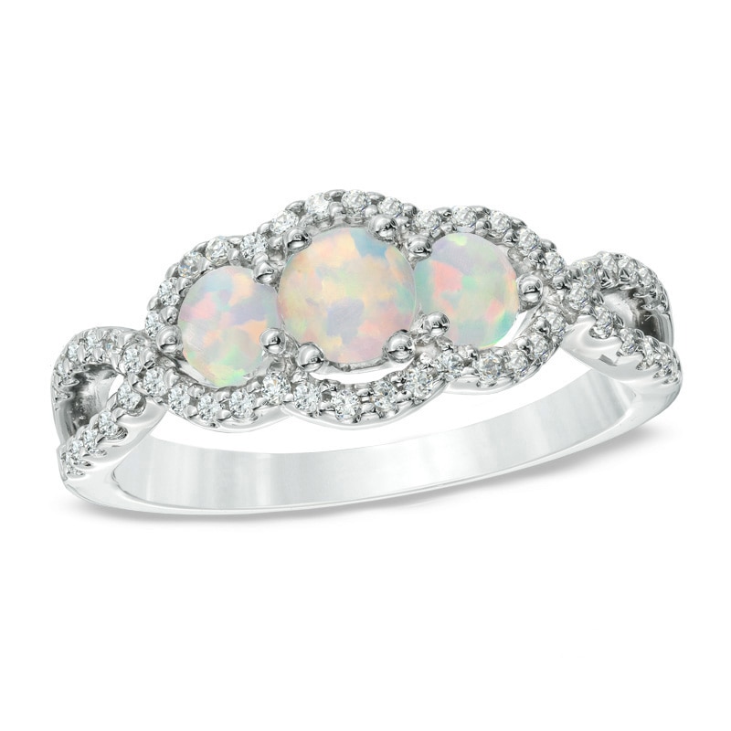 Lab-Created Opal and 1/4 CT. T.W. Past Present Future® Engagement Ring in 10K White Gold