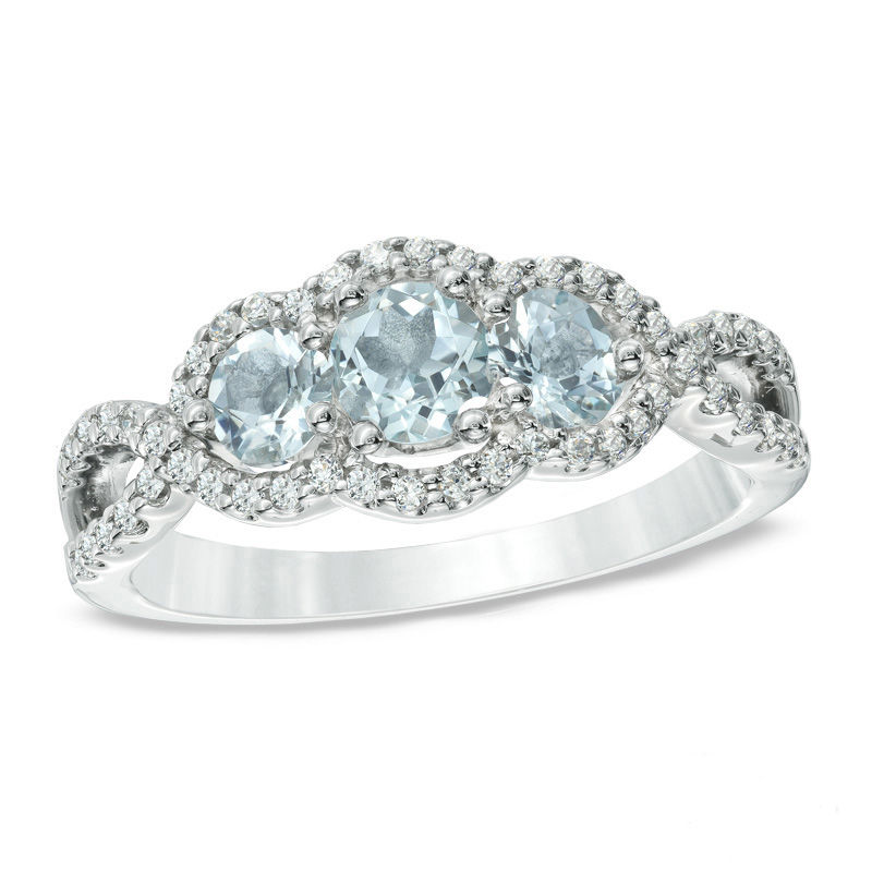 Aquamarine and 1/4 CT. T.W. Past Present Future® Engagement Ring in 10K White Gold