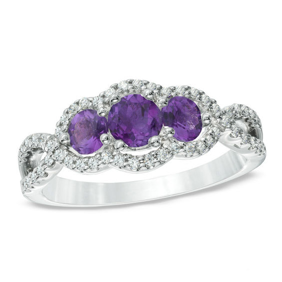 Amethyst and 1/4 CT. T.w. Past Present Future® Engagement Ring in 10K White Gold
