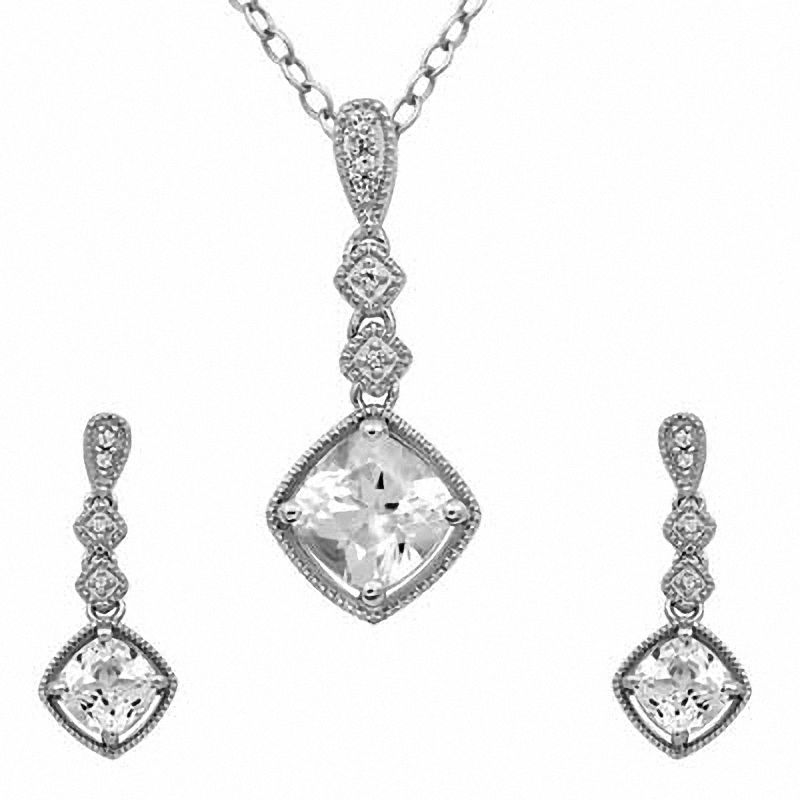 Main Image 1 of 7.0mm Cushion-Cut Lab-Created White Sapphire Pendant and Earrings Set in Sterling Silver