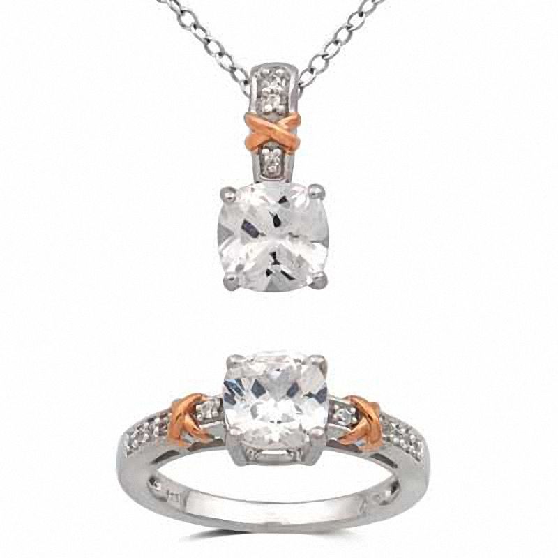 Main Image 1 of 7.0mm Cushion-Cut Lab-Created White Sapphire Pendant and Ring Set in Sterling Silver with 14K Rose Gold Plate - Size 7