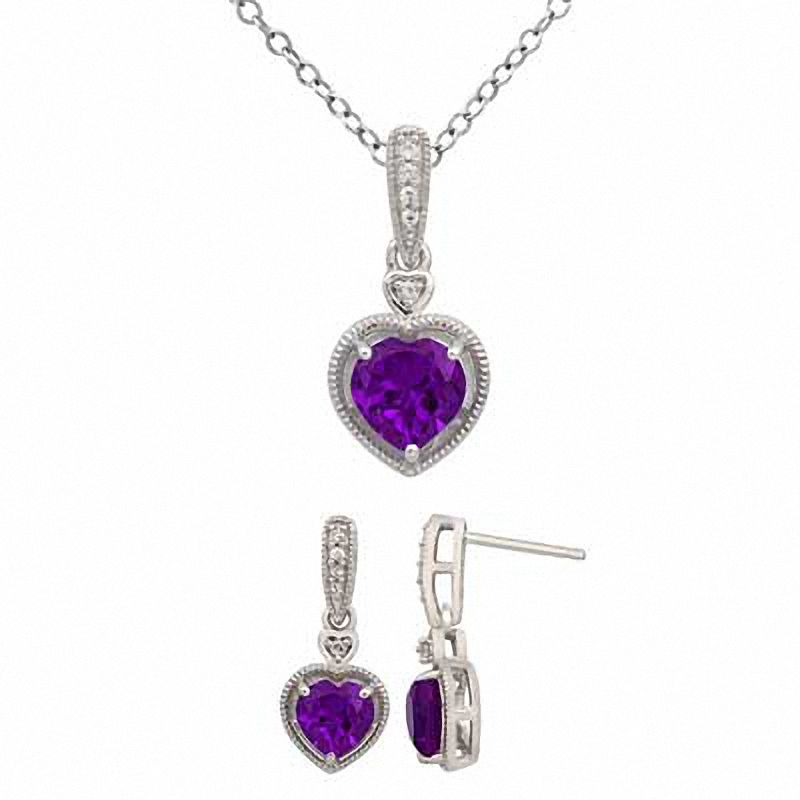 Main Image 1 of 7.0mm Heart-Shaped Amethyst and Lab-Created White Sapphire Pendant and Earrings Set in Sterling Silver