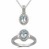 Thumbnail Image 1 of Oval Aquamarine and Lab-Created White Sapphire Pendant and Ring Set in Sterling Silver - Size 7