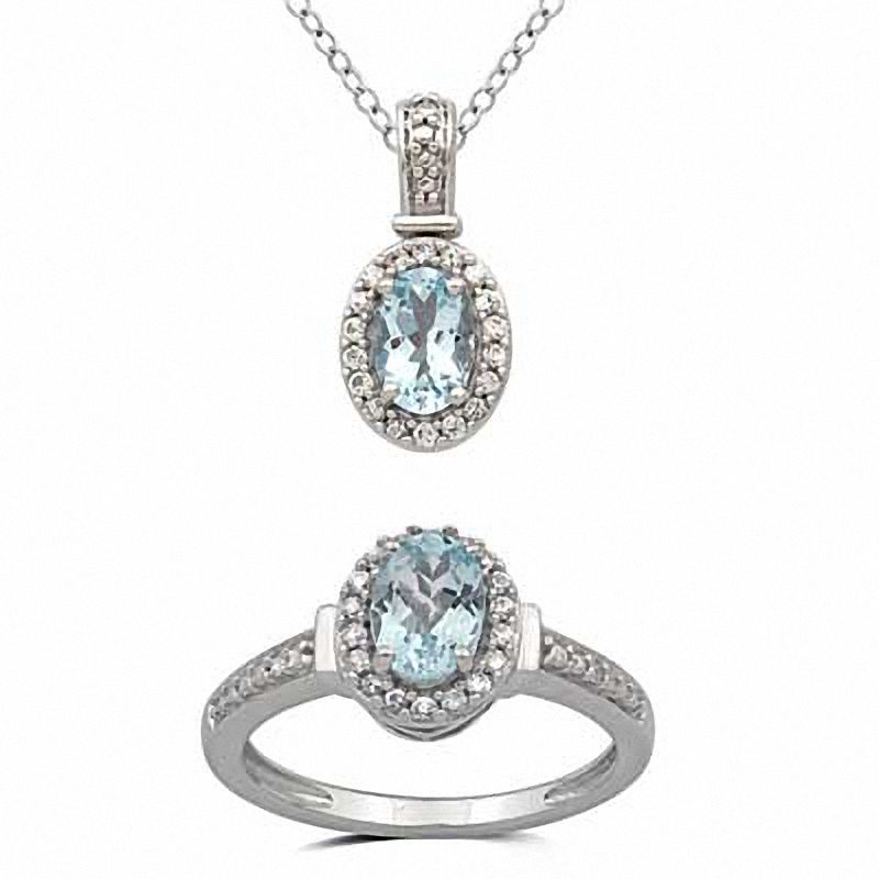 Main Image 1 of Oval Aquamarine and Lab-Created White Sapphire Pendant and Ring Set in Sterling Silver - Size 7