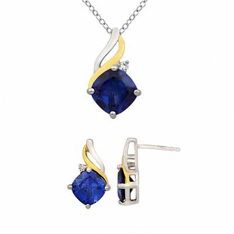 Main Image 1 of Cushion-Cut Lab-Created Ceylon and White Sapphire Pendant and Earrings Set in Sterling Silver and 14K Gold Plate
