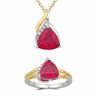 Thumbnail Image 1 of Trillion-Cut Lab-Created Ruby and White Sapphire Pendant and Ring Set in Sterling Silver and 14K Gold Plate - Size 7