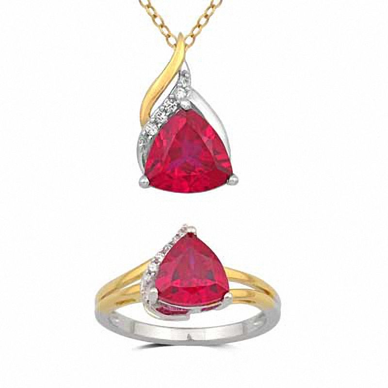 Main Image 1 of Trillion-Cut Lab-Created Ruby and White Sapphire Pendant and Ring Set in Sterling Silver and 14K Gold Plate - Size 7