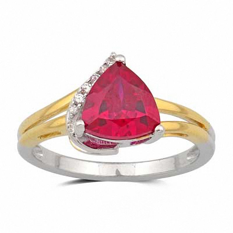 Main Image 3 of Trillion-Cut Lab-Created Ruby and White Sapphire Pendant and Ring Set in Sterling Silver and 14K Gold Plate - Size 7