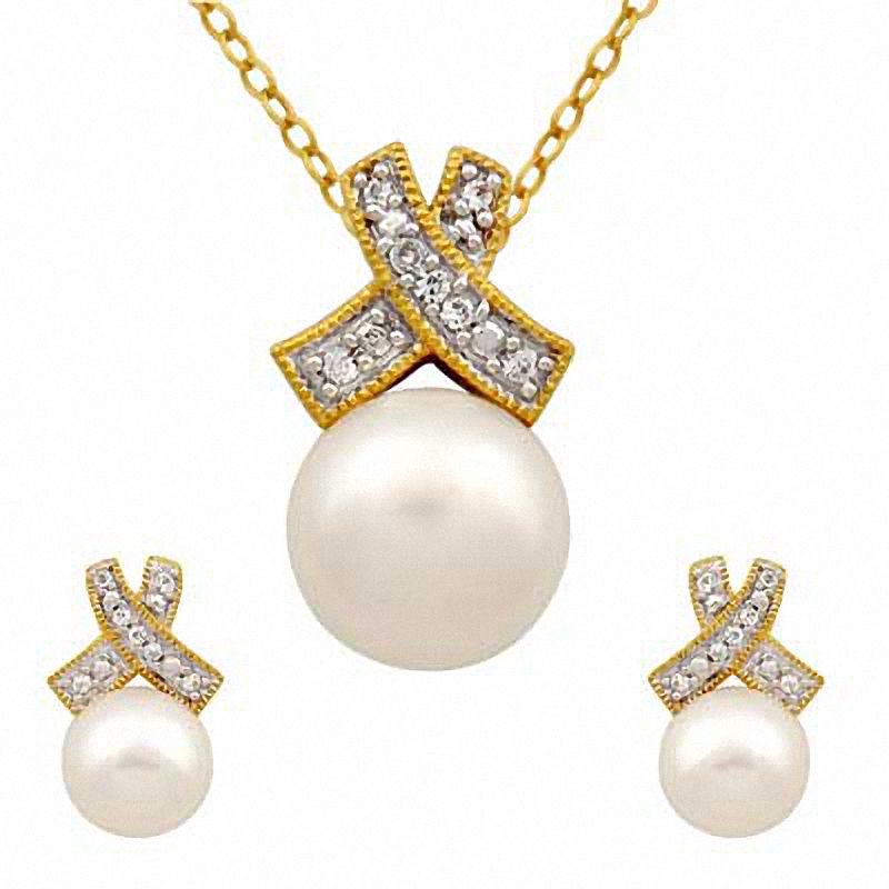 Main Image 1 of 8.0-9.0mm Freshwater Cultured Pearl Pendant and Earrings Set in Sterling Silver and 14K Gold Plate