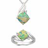 Thumbnail Image 1 of 8.0mm Cushion-Cut Lab-Created Opal and White Sapphire Pendant and Ring Set in Sterling Silver - Size 7