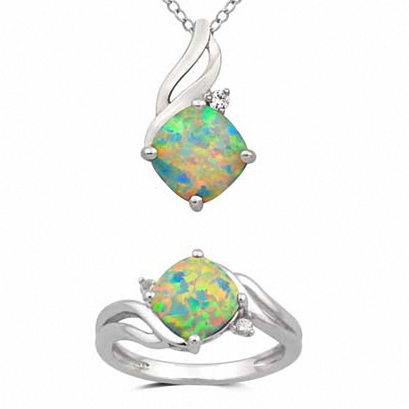 Main Image 1 of 8.0mm Cushion-Cut Lab-Created Opal and White Sapphire Pendant and Ring Set in Sterling Silver - Size 7