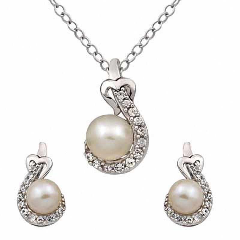 Main Image 1 of 6.0-7.0mm Freshwater Cultured Pearl and Lab-Created White Sapphire Pendant and Earrings Set in Sterling Silver
