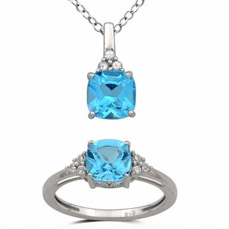 Main Image 1 of 7.0mm Cushion-Cut Blue Topaz and Lab-Created White Sapphire Pendant and Ring Set in Sterling Silver - Size 7