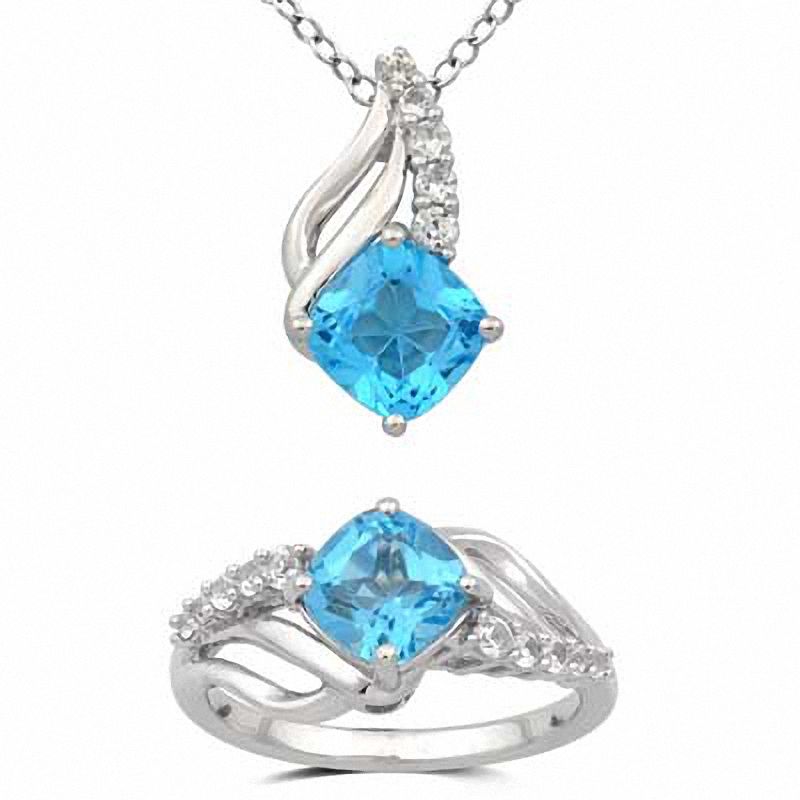 Main Image 1 of 7.0mm Cushion-Cut Swiss Blue Topaz and Lab-Created White Sapphire Pendant and Ring Set in Sterling Silver - Size 7