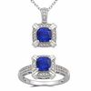 Thumbnail Image 1 of 6.0mm Cushion-Cut Lab-Created Ceylon and White Sapphire Pendant and Ring Set in Sterling Silver - Size 7