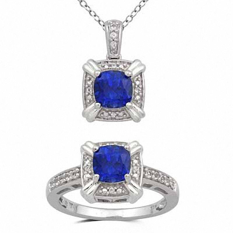 Main Image 1 of 6.0mm Cushion-Cut Lab-Created Ceylon and White Sapphire Pendant and Ring Set in Sterling Silver - Size 7