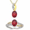 Thumbnail Image 0 of Oval Garnet and Lab-Created White Sapphire Pendant and Ring Set in Sterling Silver and 14K Gold Plate - Size 7