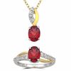 Thumbnail Image 1 of Oval Garnet and Lab-Created White Sapphire Pendant and Ring Set in Sterling Silver and 14K Gold Plate - Size 7