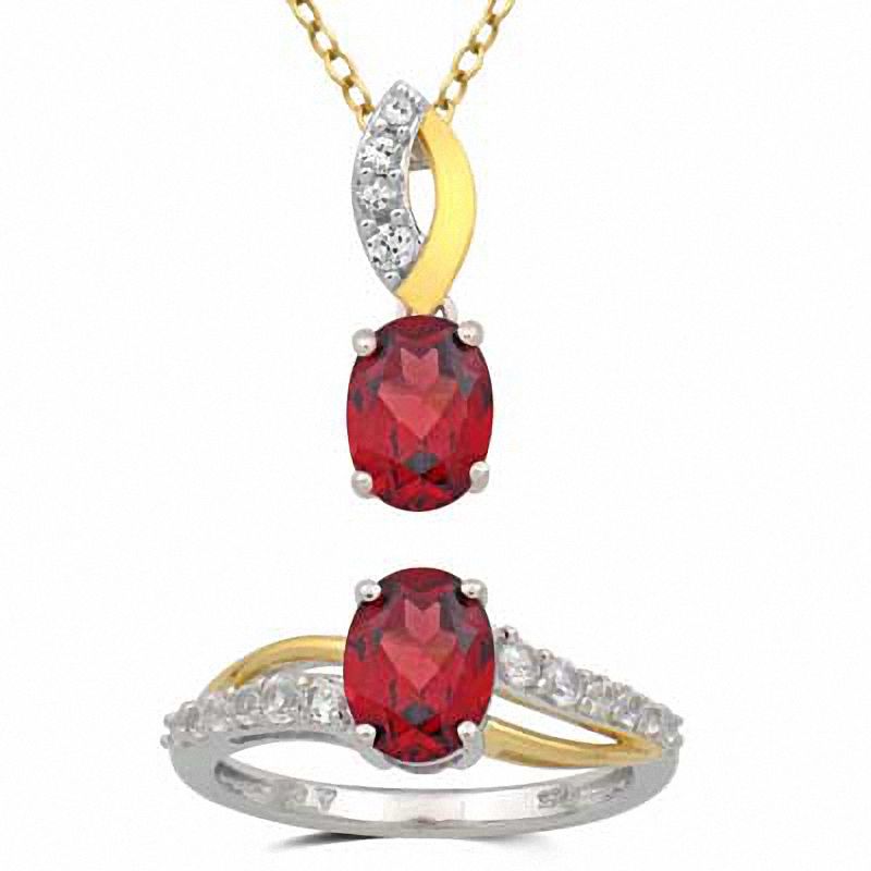 Oval Garnet and Lab-Created White Sapphire Pendant and Ring Set in Sterling Silver and 14K Gold Plate - Size 7
