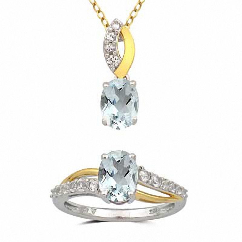 Oval Aquamarine and Lab-Created White Sapphire Pendant and Ring Set in Sterling Silver and 14K Gold Plate - Size 7