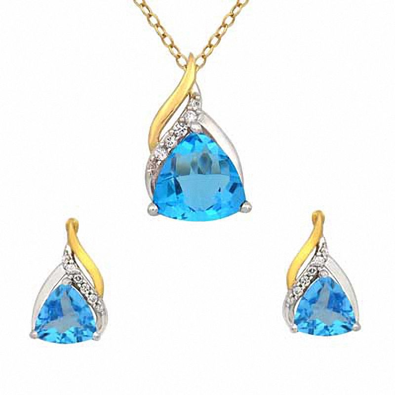 Main Image 1 of Swiss Blue Topaz and Lab-Created White Sapphire Pendant and Earrings Set in Sterling Silver and 14K Gold Plate