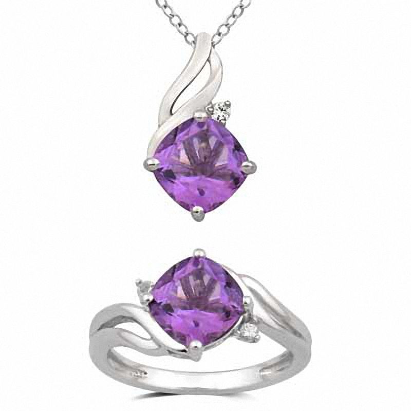 Main Image 1 of 8.0mm Cushion-Cut Amethyst and Lab-Created White Sapphire Pendant and Ring Set in Sterling Silver - Size 7