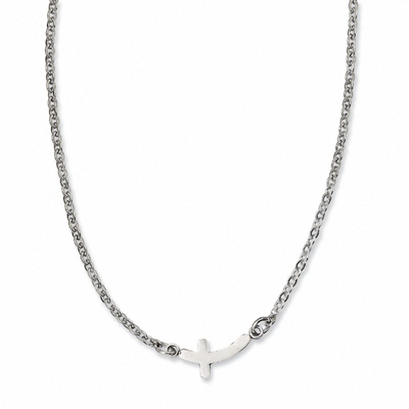 Curved Sideways Cross Necklace in Stainless Steel