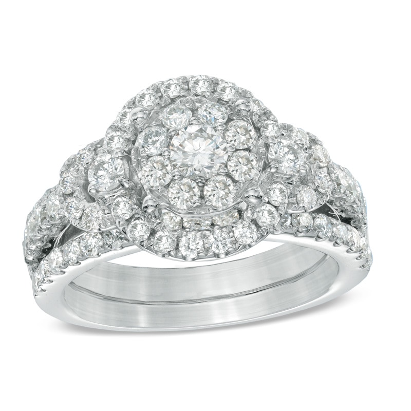 Main Image 1 of 1-7/8 CT. T.W. Diamond Cluster Frame Bridal Set in 14K White Gold