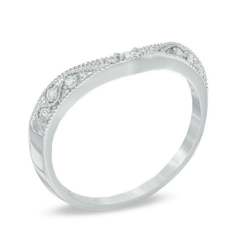 Main Image 2 of 1/8 CT. T.W. Diamond Vintage-Style Contour Wedding Band in 14K White Gold