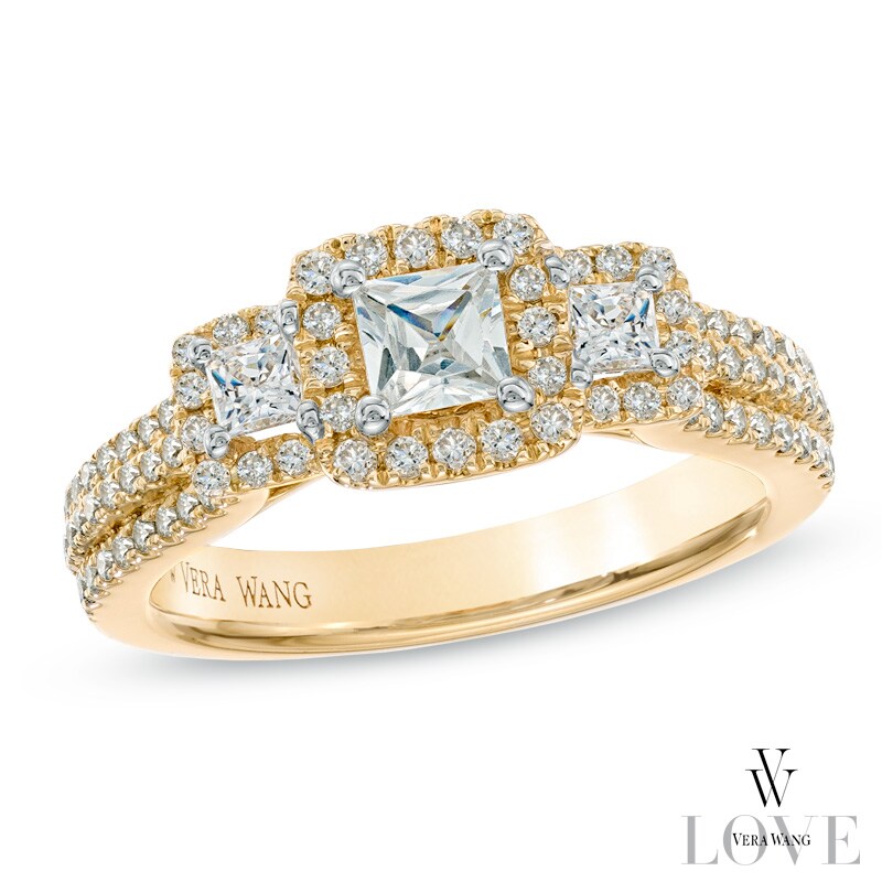 Main Image 1 of Vera Wang Love Collection 1 CT. T.W. Princess-Cut Diamond Three Stone Frame Engagement Ring in 14K Gold