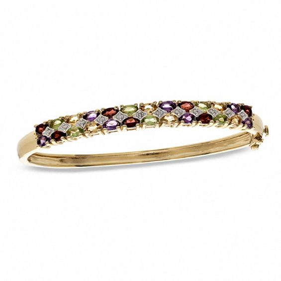 Oval Multi-Gemstone and Diamond Accent Bangle in Sterling Silver with 18K Gold Plate - 7.25"