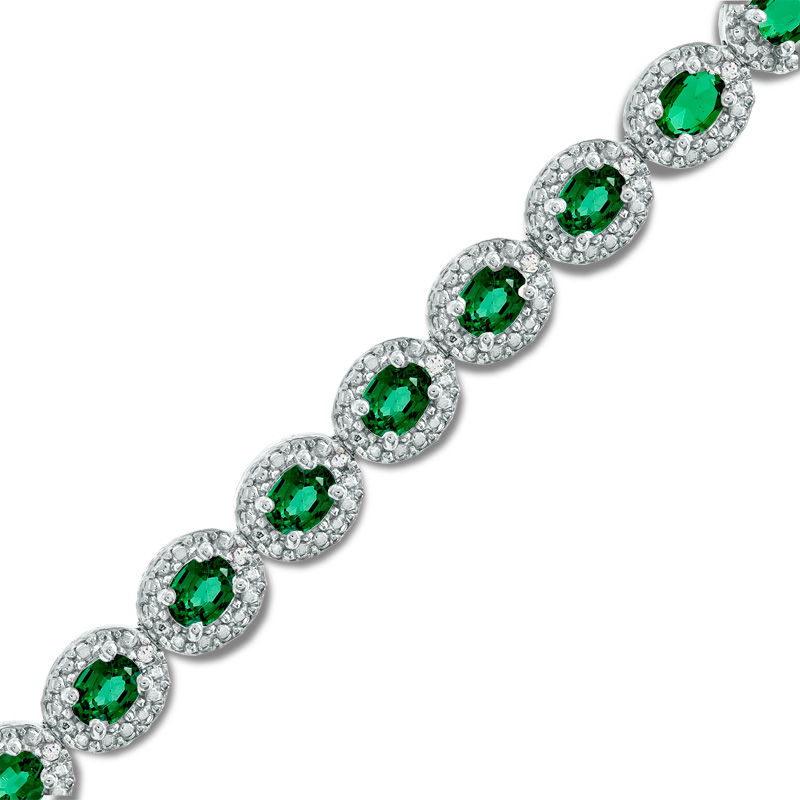 Main Image 1 of Oval Lab-Created Emerald and Diamond Accent Frame Bracelet in Sterling Silver - 7.5"