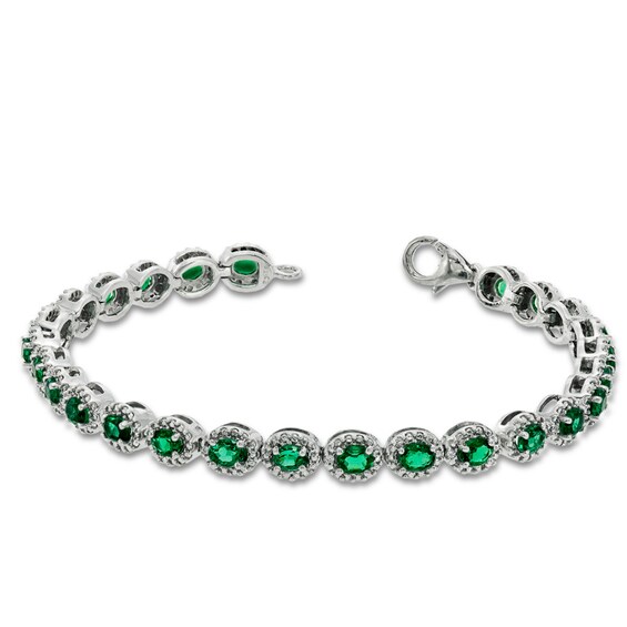Oval Lab-Created Emerald and Diamond Accent Frame Bracelet in Sterling Silver - 7.5"