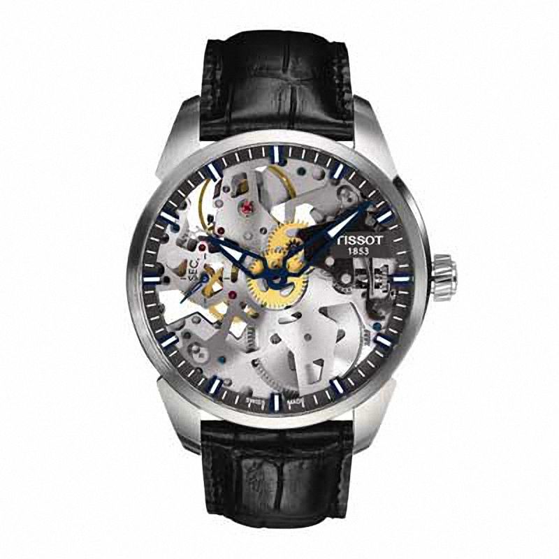 Men's Tissot T-Complication Squelette Automatic Strap Watch with Skeleton Dial (Model: T070.405.16.411.00)