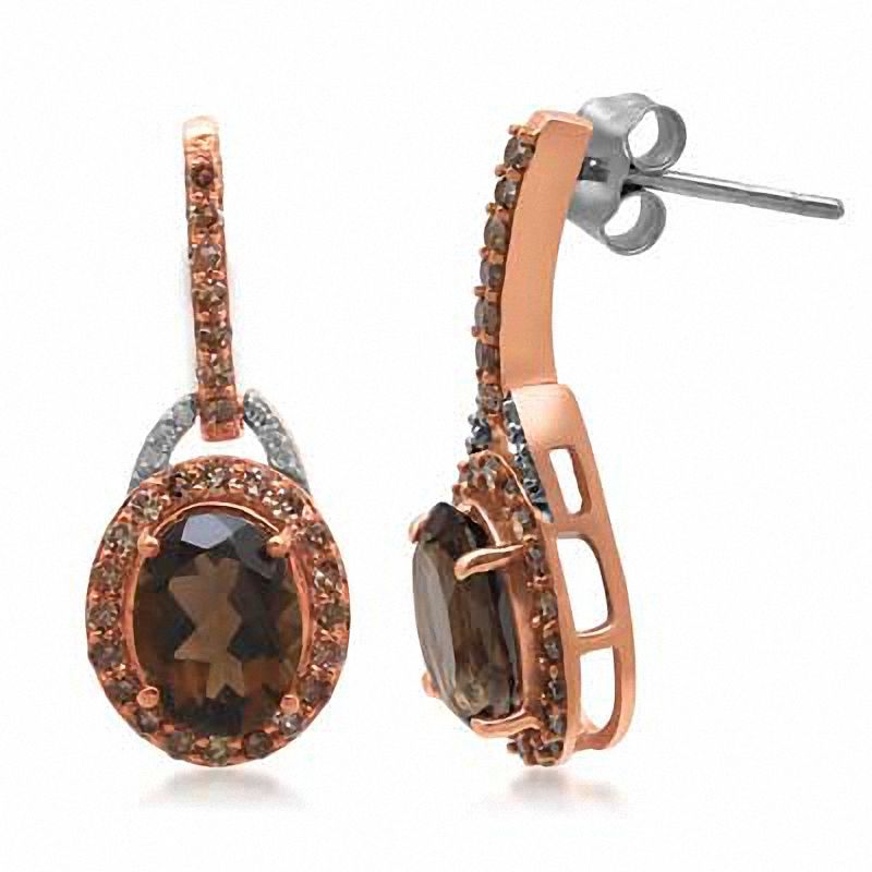Main Image 1 of Oval Smoky Quartz and 1/2 CT. T.W. Enhanced Champagne and White Diamond Earrings in 10K Rose Gold