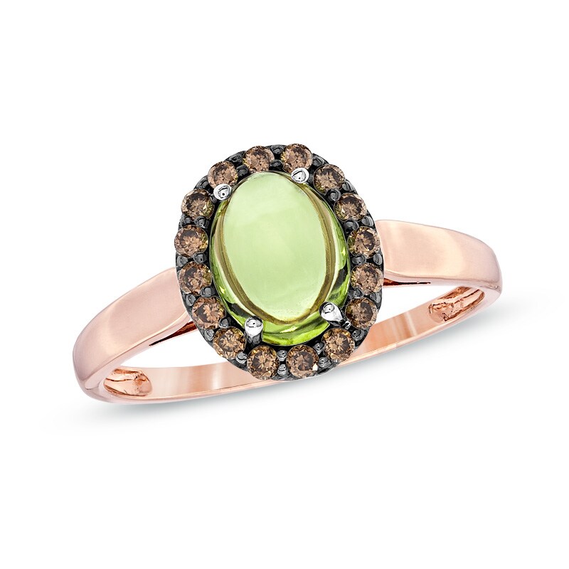 Main Image 1 of Oval Peridot and 1/4 CT. T.W. Enhanced Champagne Diamond Ring in 10K Rose Gold