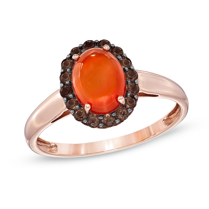 Main Image 1 of Oval Fire Opal and 1/4 CT. T.W. Enhanced Champagne Diamond Ring in 10K Rose Gold
