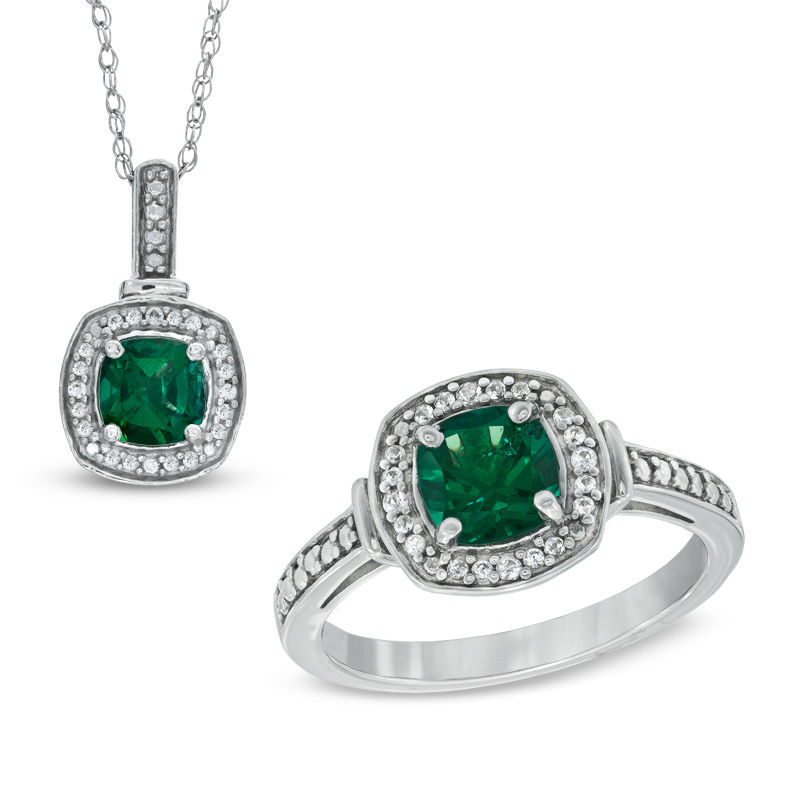 Main Image 1 of 6.0mm Cushion-Cut Lab-Created Emerald and Lab-Created White Sapphire Pendant and Ring Set in Sterling Silver - Size 7