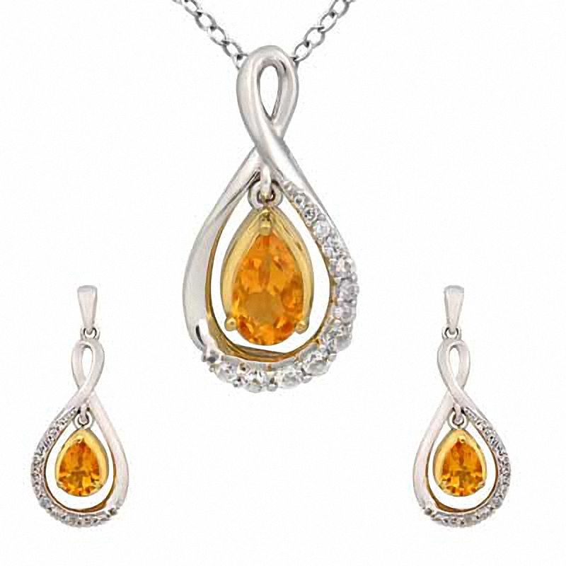 Pear-Shaped Citrine and Lab-Created White Sapphire Pendant and Earrings Set in Sterling Silver and 14K Gold Plate