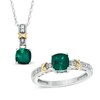 Thumbnail Image 1 of Cushion-Cut Lab-Created Emerald and White Sapphire Pendant and Ring Set in Sterling Silver and 14K Gold Plate - Size 7
