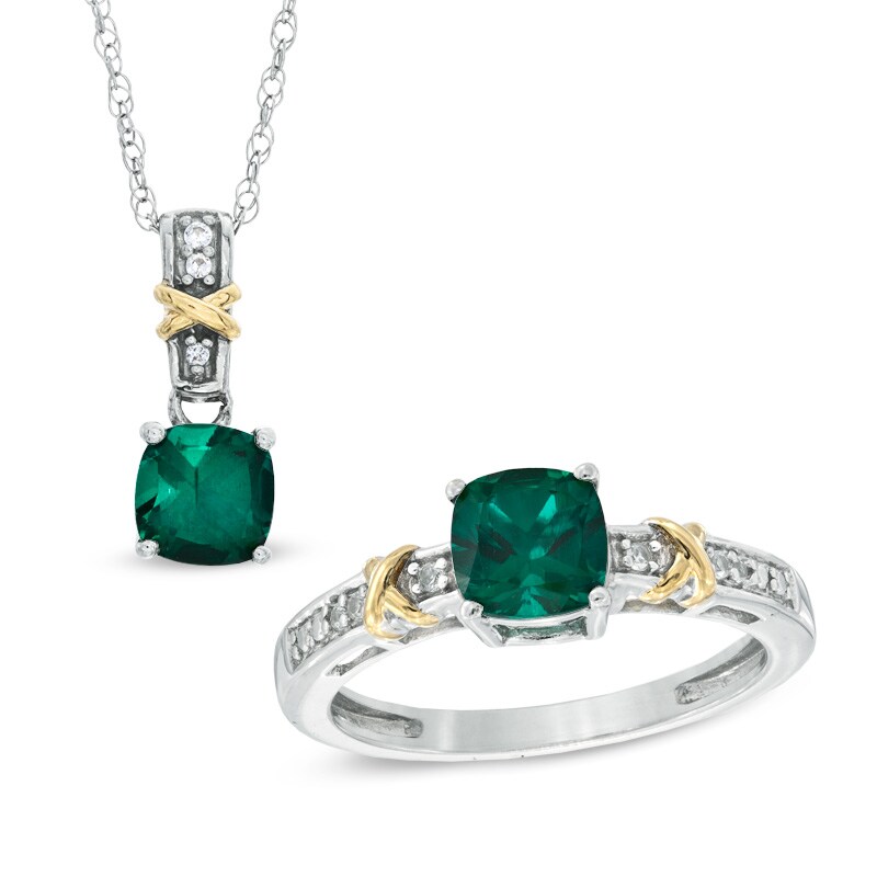 Main Image 1 of Cushion-Cut Lab-Created Emerald and White Sapphire Pendant and Ring Set in Sterling Silver and 14K Gold Plate - Size 7