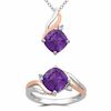 Thumbnail Image 1 of 8.0mm Cushion-Cut Amethyst Pendant and Ring Set in Sterling Silver and 14K Rose Gold Plate - Size 7